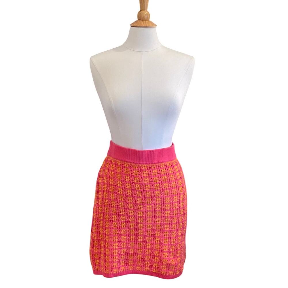 Free Assembly Orange, Pink Check Textured Pull on Mini Pencil Skirt, Academia M